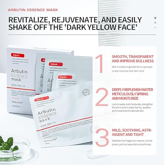 DELEVENTH KOREAN BRAND -ARBUTIN ESSENCE FACIAL MASK 30ML  5PCS / BRIGHTENS, HYDRATES, AND FIRMS SKIN, BALANCES SKIN MOISTURE AND OIL, REDUCES DARK SPOTS AND FINE LINES - Image 2